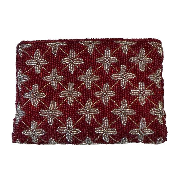Neiman Marcus Vntg Red & Gold Beaded Coin Bag Clutch Zipper 4 1/2” x 6” 1/2” EUC - Picture 1 of 4
